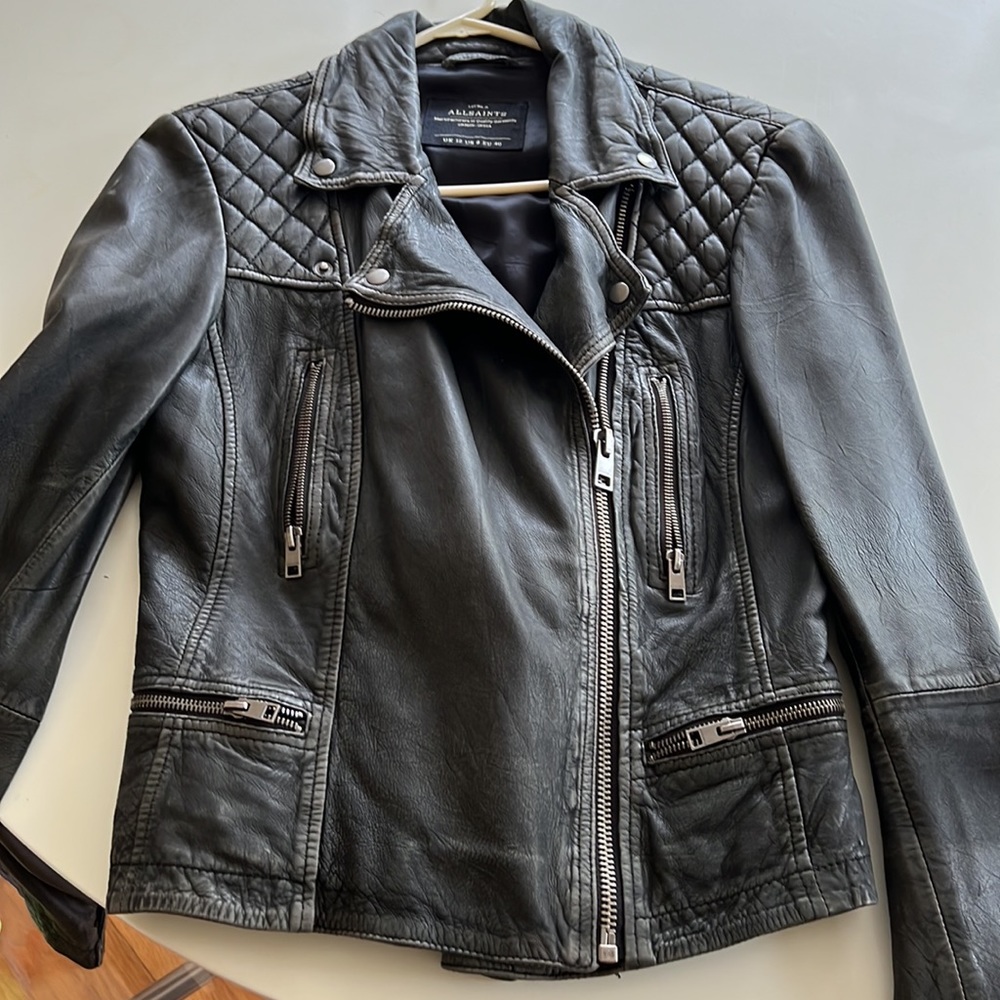 All Saints Distressed Washed Soft Leather Quilted Motorcycle Jacket Black